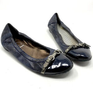 AGL Ballerina Flat Shoes Cap Toe Metallic Patent Leather Navy Blue Size 8.5